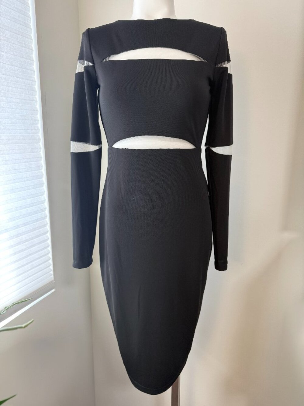 Bailey 44 Black Stretch Matte Jersey Long Sleeve Dress with Mesh Splicing